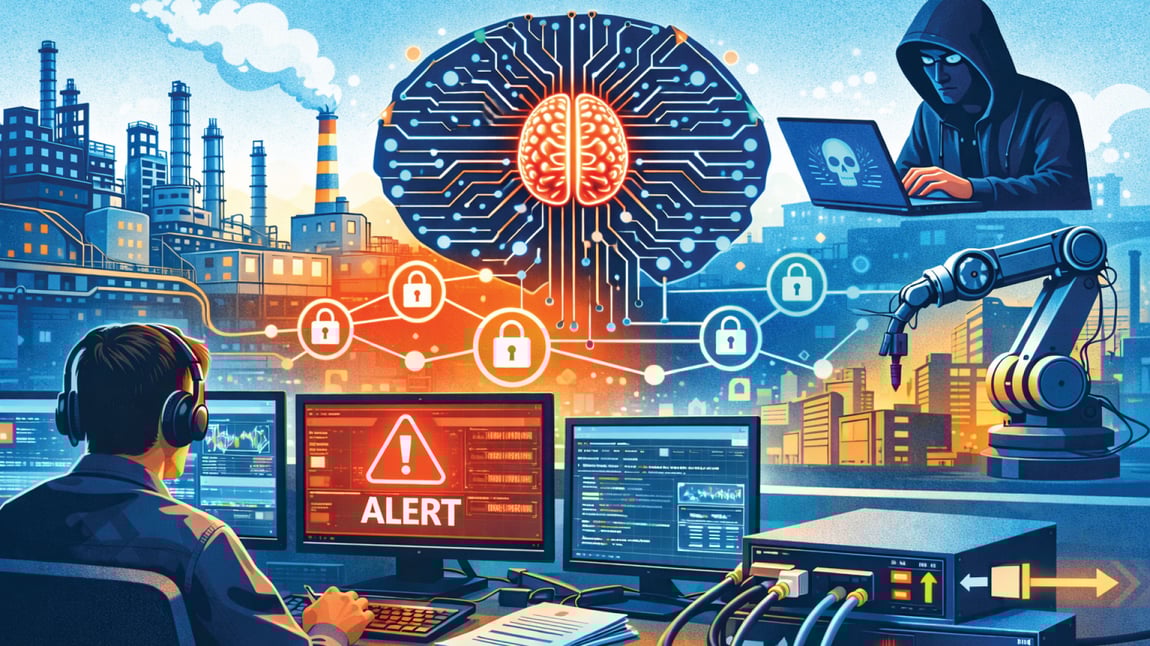Illustration-of-AI-powered-OT-network-monitoring-with-a-security-analyst-reviewing-alerts-in-an-industrial-environment