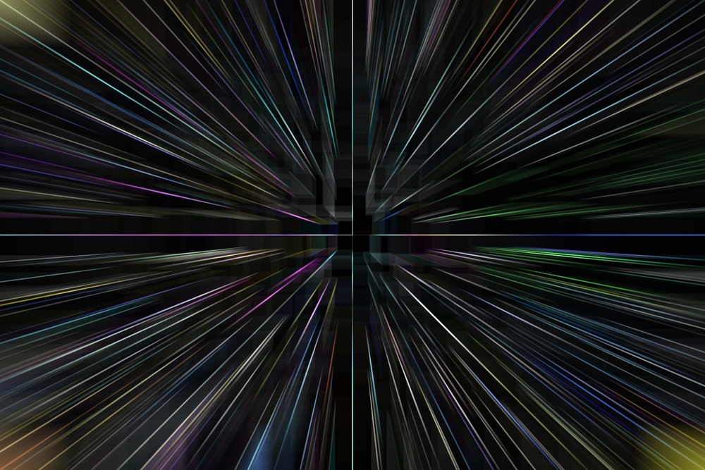 Intriguing multicolored abstract of illusory distortion, with radial blur of ghostly buildings at center, for themes of warp speed, space travel, alternate reality, and altered states of mind-1