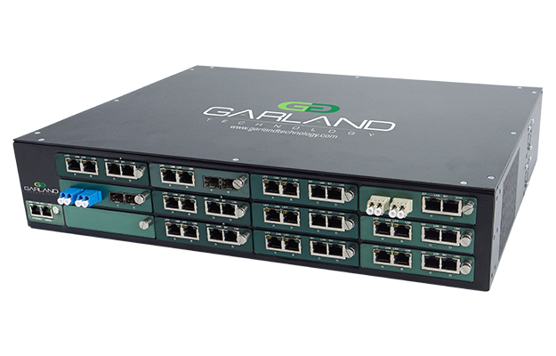 Garland Technology 2U modular network TAP chassis populated with twelve TAP modules